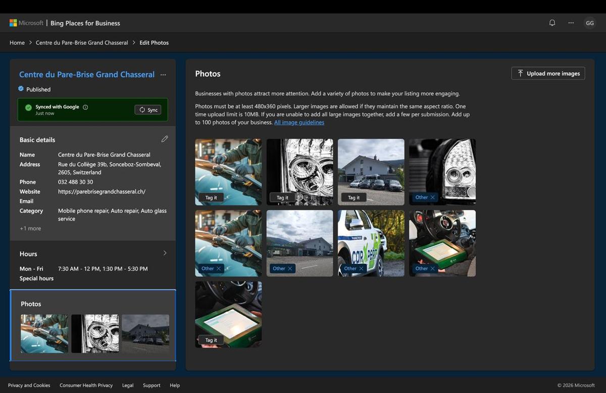 Fiche Bing Places publiée et synchronisée avec Google pour le Centre du Pare-Brise