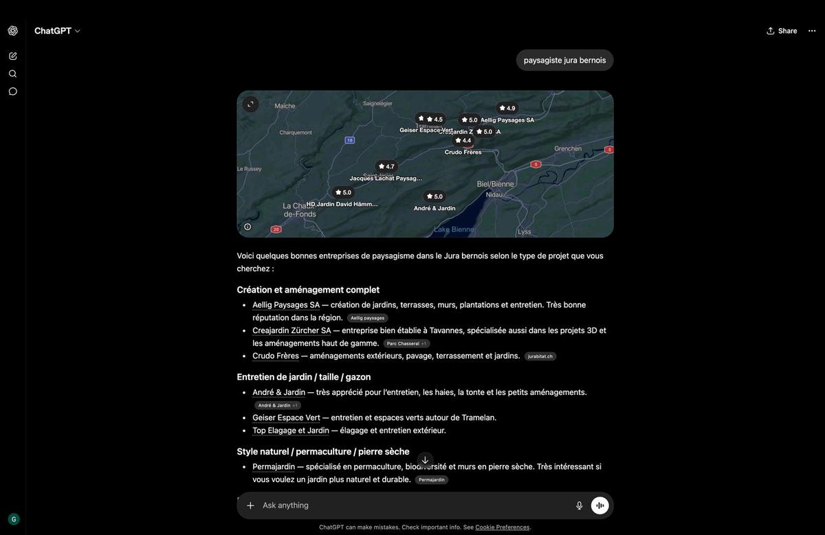 ChatGPT cite Permajardin dans sa réponse sur les paysagistes du Jura bernois