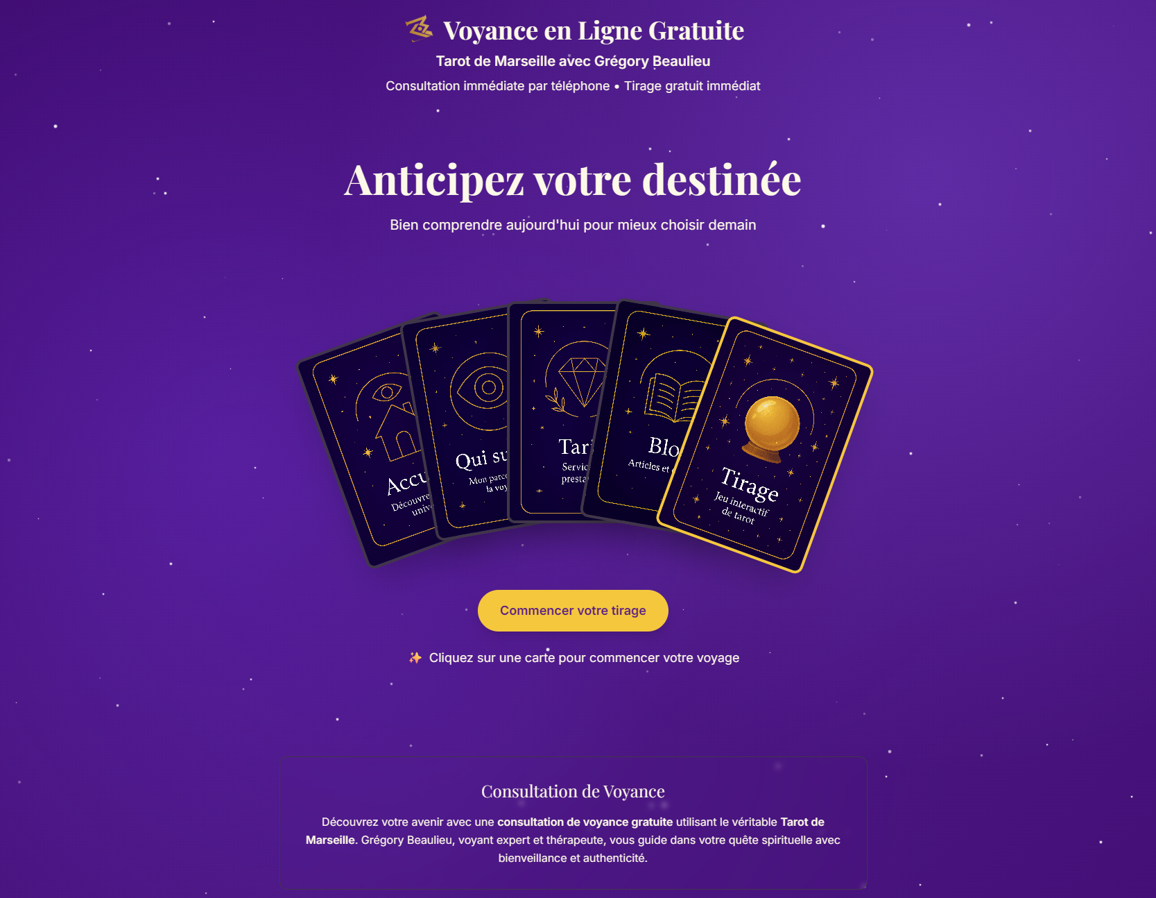 Capture d'écran de MaVoyance — plateforme de voyance en ligne avec tarot interactif