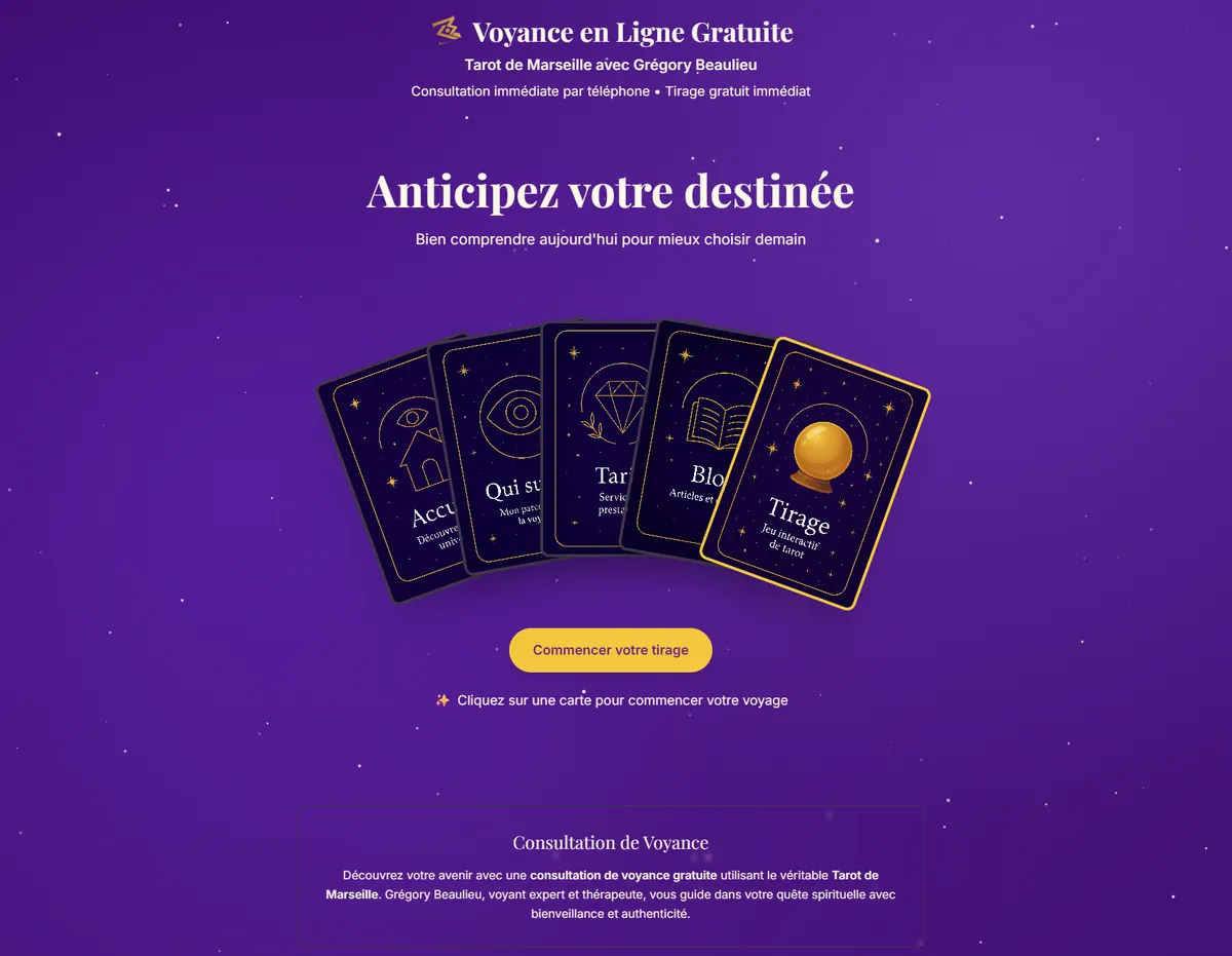 Screenshot von MaVoyance, Online-Wahrsageplattform mit interaktivem Tarot